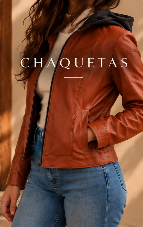 Modelo mujer usando chaqueta de cuero oscura con detalles en ovejero Germán Patiño