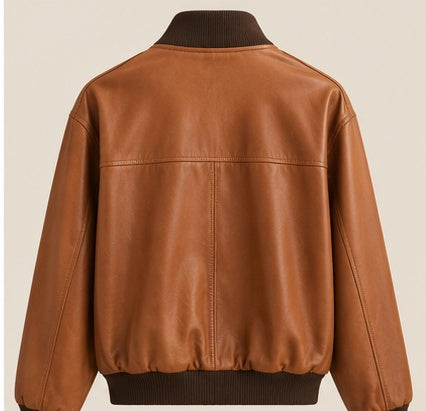 Chaqueta bomber miel de cuero para dama vista posterior