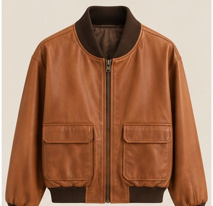 Chaqueta bomber miel de cuero para dama vista frontal