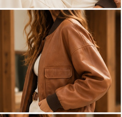 Chaqueta bomber miel de cuero para dama vista lateral
