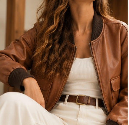 Chaqueta bomber miel de cuero para dama