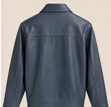 Chaqueta azul de cuero para hombre vista posterior
