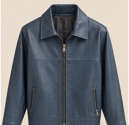 Chaqueta azul de cuero para hombre vista frontal