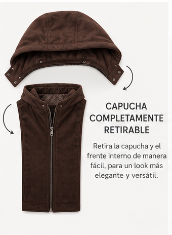 Detalle de capucha y pieza frontal interior retirables de chaqueta de cuero café Germán Patiño
