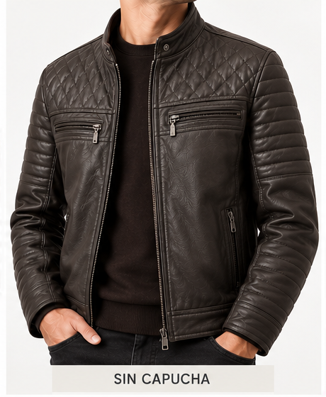 Modelo usando chaqueta de cuero café Germán Patiño sin capucha ni pieza frontal interior