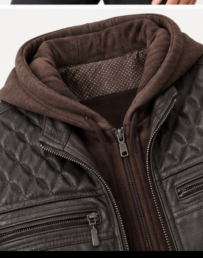Detalle de capucha y acolchado de chaqueta de cuero café Germán Patiño
