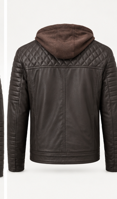 Chaqueta de cuero café con capucha Germán Patiño vista posterior