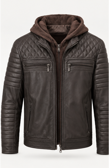 Chaqueta de cuero café con capucha Germán Patiño vista frontal
