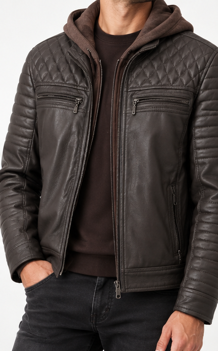 Modelo hombre usando chaqueta de cuero café con capucha Germán Patiño
