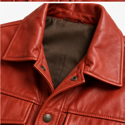 Detalle del cuello y broches de la chaqueta de cuero roja para dama
