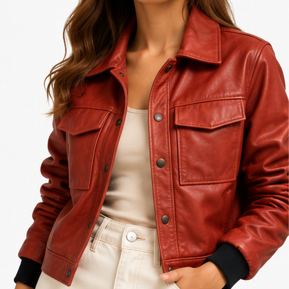Chaqueta de cuero roja para dama en modelo, sin rostro