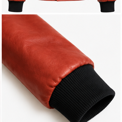 Detalle del puño tejido de la chaqueta de cuero roja para dama