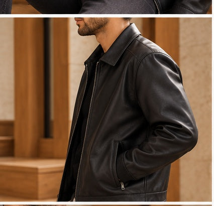 Chaqueta negra de cuero para hombre vista lateral