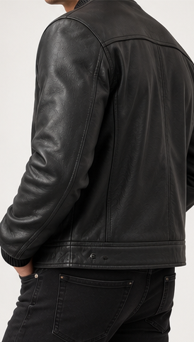 Modelo hombre usando chaqueta de cuero negra Germán Patiño vista posterior