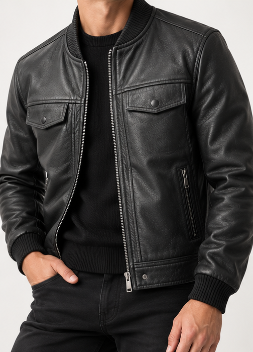 Modelo hombre usando chaqueta de cuero negra Germán Patiño sin mostrar el rostro