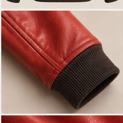 Detalle puño tejido chaqueta roja de cuero Germán Patiño