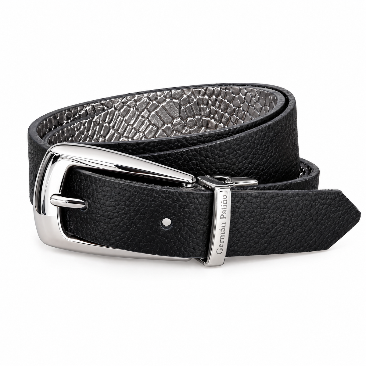 Cinturón doblefaz negro con hebilla plateada