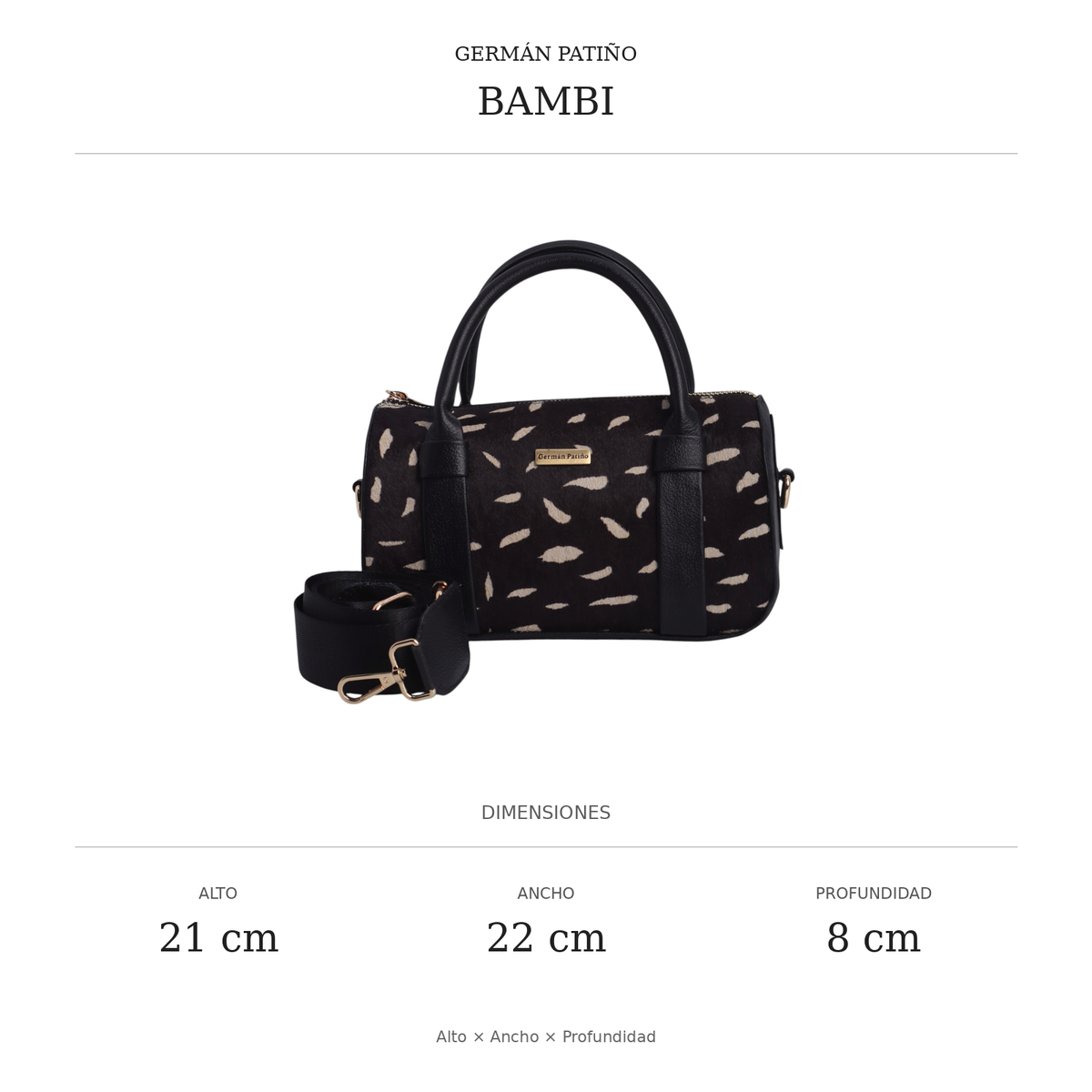 Dimensiones Bolso Bambi: alto 21 cm, ancho 22 cm, profundidad 8 cm