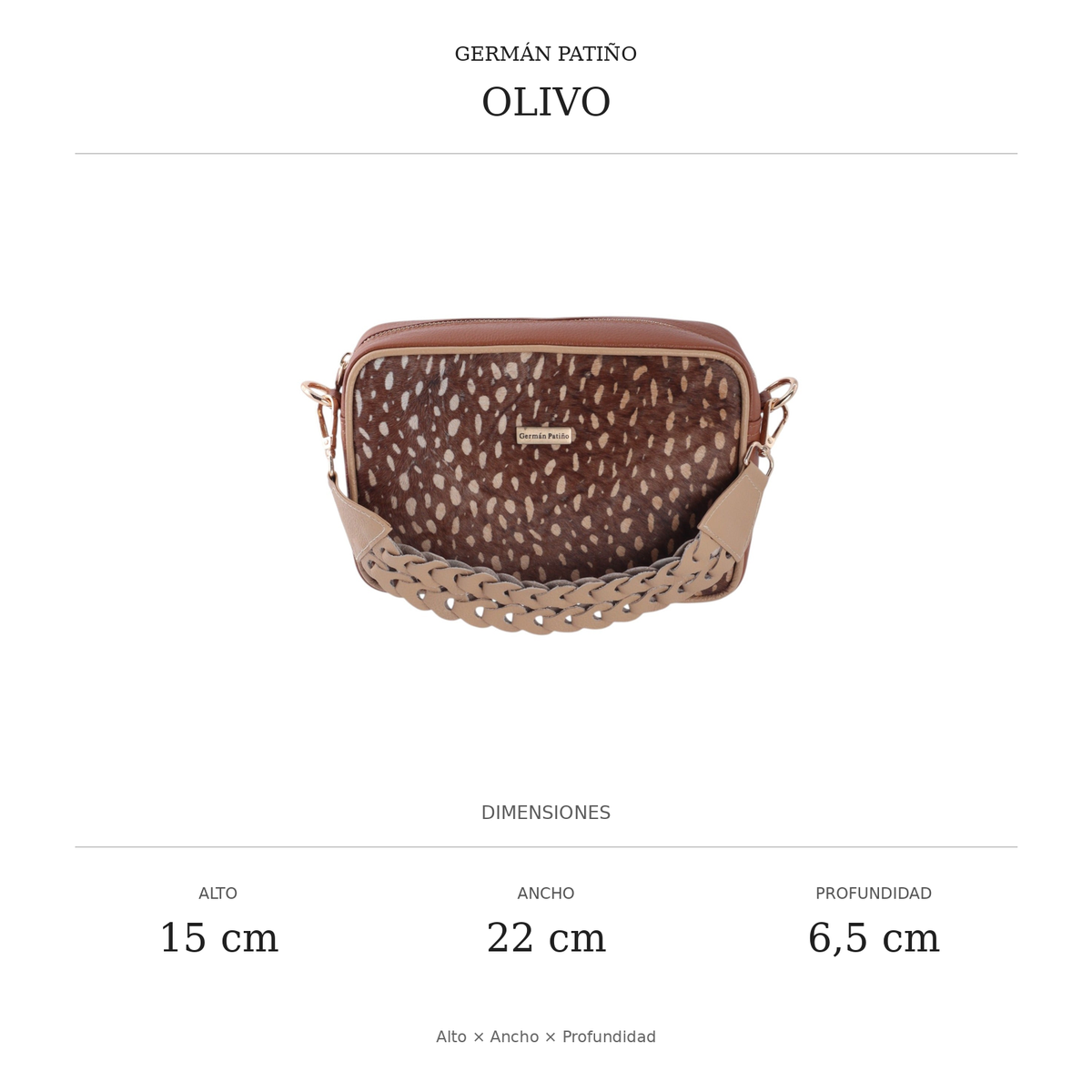 Dimensiones Olivo: alto 15 cm, ancho 22 cm, profundidad 6.5 cm